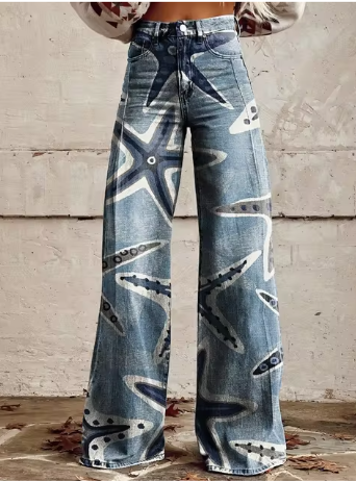 CORAL | STARFISH PRINT WIDE-LEG JEANS